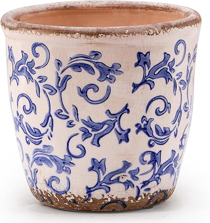 Vintage Ceramic Planter with Drainage Hole, Plastic Tray & Mesh, 5.5 Inch - Indoor/Outdoor Flower Pot, Blue Floral Rustic Farmhouse Design Plant pot for Home, Office & Garden Décor, Ideal Gift