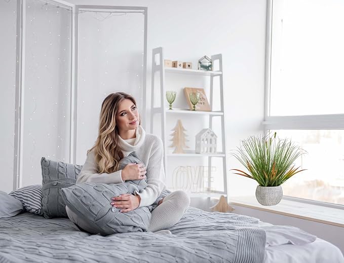 AlphaAcc 16.5" Fake Grass Plant Decorative Faux Greenery in Textured Gray Stripe Planter Lifelike Artificial Potted Plant for Modern Farmhouse Living Room Bedroom Kitchen Office Table Decor