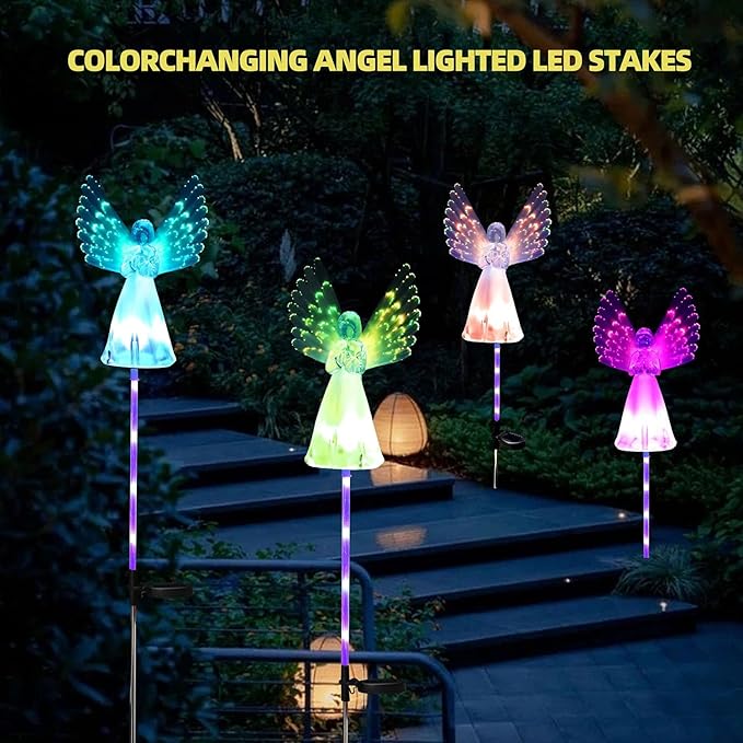 Angel Solar Lights for Cemetery, 2 Pack Solar Lights Outdoor Garden, Color Changing Decorative Angel Lights for Yard Patio Pathway Grave Decoration Memorial Gifts