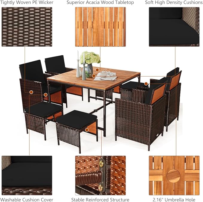 Tangkula 9 Pieces Acacia Wood Patio Dining Set, Space Saving Wicker Chairs and Wood Table with Umbrella Hole Outdoor Furniture Set, Suitable for Garden, Yard, Poolside, Outdoor Seating Set (Black)
