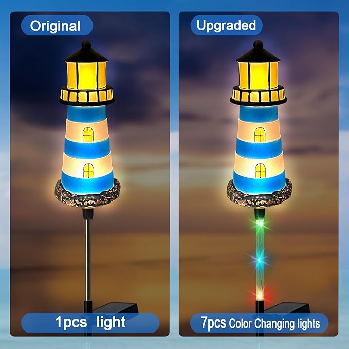 4 Pack Lighthouse Solar Lights,7 Light Color Changes,IP65 Waterproof Solar Pathway Lights for Garden,Lawn,Outdoor Lighthouse Decor
