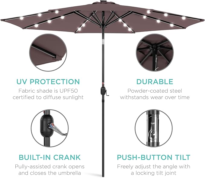 Best Choice Products 10ft Solar Polyester LED Lighted Patio Umbrella w/Tilt Adjustment and UV-Resistant Fabric