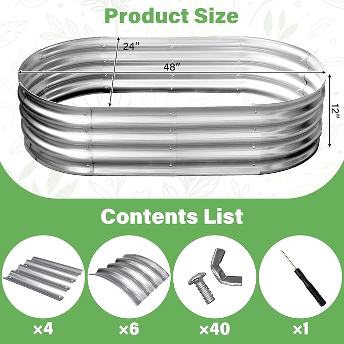 TATAANTY Galvanized Raised Garden Bed for Outdoor: 4X2X1ft Durable Metal Vegetable Plant Container Kit - Oval Planter Box for Gardening Flower Trough