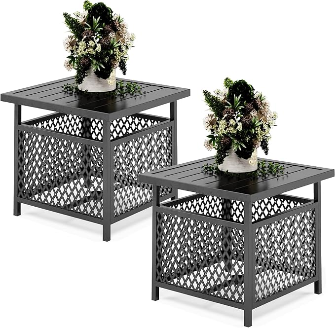 PHI VILLA Outdoor Patio Side Table Set of 2, 22" Small Black Metal Square End Table with Umbrella Hole, Outside Coffee Bistro Table for Porch, Deck, Balcony, Indoor