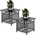 PHI VILLA Outdoor Patio Side Table Set of 2, 22" Small Black Metal Square End Table with Umbrella Hole, Outside Coffee Bistro Table for Porch, Deck, Balcony, Indoor