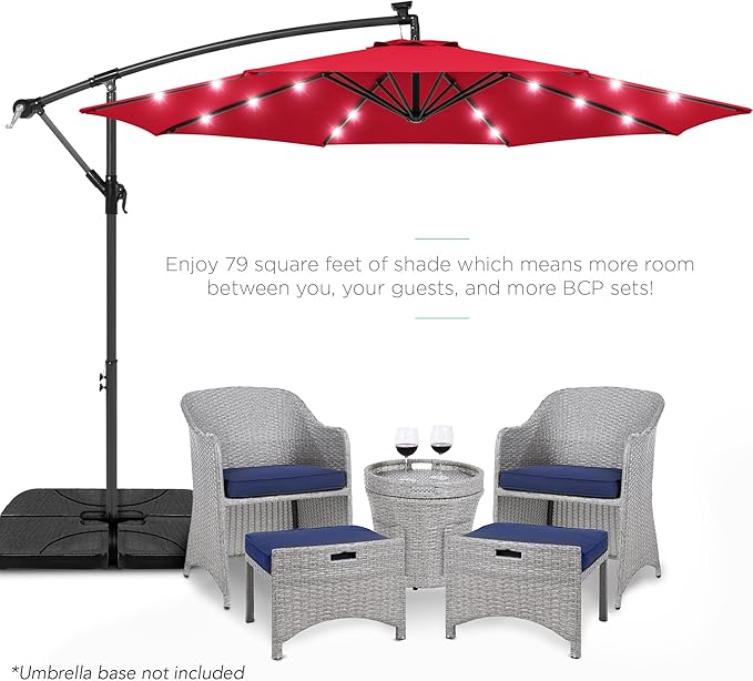 Best Choice Products 10ft Solar LED Offset Cantilever Hanging Market Patio Umbrella, 8 Sturdy Ribs, Easy Adjustment - Red