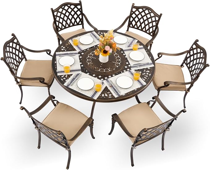 7-Piece Cast Aluminum Patio Furniture, Outdoor Dining Sets for 6 Include 54" Round Patio Dining Table and 6 Stackable Chairs with Cushions & Umbrella Hole (Bronze)