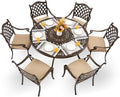 7-Piece Cast Aluminum Patio Furniture, Outdoor Dining Sets for 6 Include 54" Round Patio Dining Table and 6 Stackable Chairs with Cushions & Umbrella Hole (Bronze)