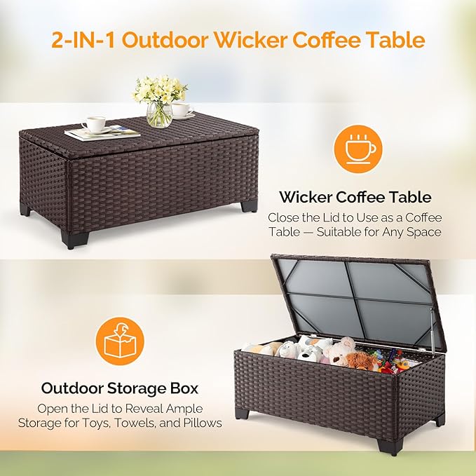 VINGLI Outdoor Coffee Table with Storage, All-Weather Dark Brown Wicker Patio Table for Garden, Balcony, Backyard
