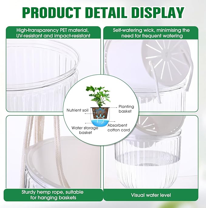 6 Pack Self Watering Hanging Planters Indoor Flower Pots(4.5"+6.5") Visible Water Level Markers 3 Hanging Ropes with Drainage Holes for Indoor Outdoor Garden Home Decor Supplies (White)