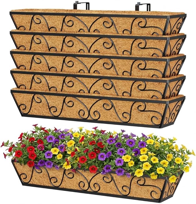 Y&M 30 Inch Butterfly Window Deck with Coco Liner, Fence Metal Hanging Flower Planter Window Basket Deck Railing Planter Boxes for Outdoor Garden Lawn 6pcs