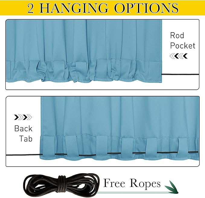 NICETOWN 2 Panels Gazebo Curtains Outdoor Waterproof & Windproof, Top and Bottom Grommet with Back Tab Wind-Break Outdoor Dividers Blackout Blinds with Fixed Rope for Patio, W52 x L84, Light Blue