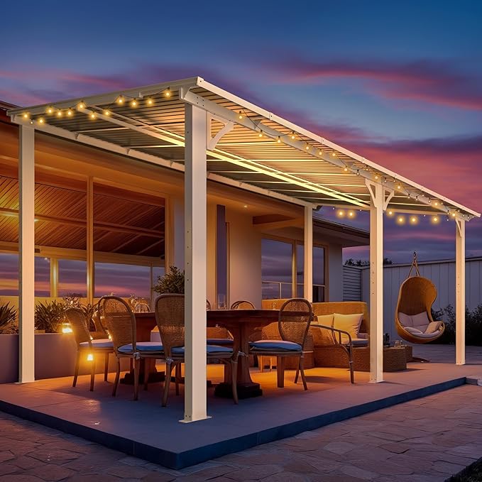 AECOJOY 16' x 8' White Gazebo Outdoor Pergola for Patio, Hard Top Lean to 8x16 Gazebo Shelter Pergolas and Gazebos Clearance with Patio Roof, Large Wall-Mounted Heavy Duty Awnings for Backyard