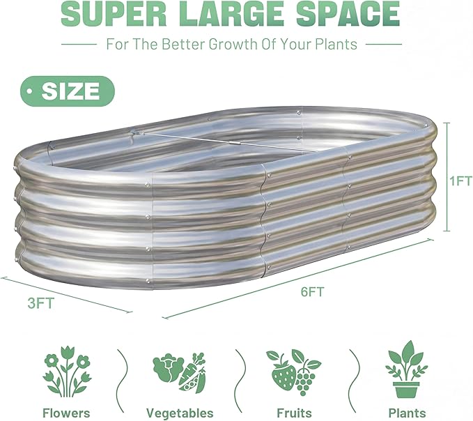 AHEONLAR 3 Pack 6×3×1ft Galvanized Raised Garden Beds, Oval Metal Garden Bed Planter Boxes Outdoor, Durable Raised Garden Beds Outdoor for Vegetables, Flowers, Silver