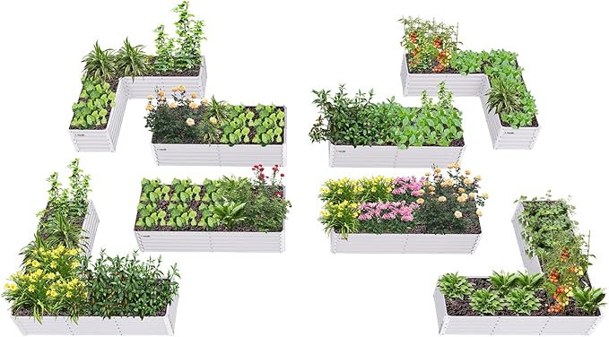 A ANLEOLIFE Set of 8, 18 Inch Tall Antique White Raised Garden Beds Kit, L-Shaped & Rectangular Metal Planters – Ideal for Backyard Vegetables Flowers Herbs