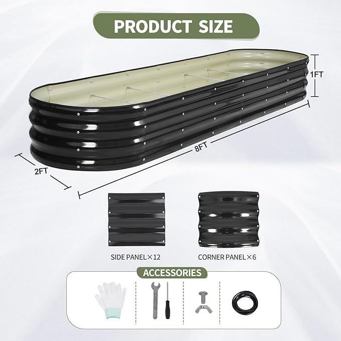 Galvanized Raised Garden Bed Outdoor- Raised Beds for Gardening| Metal Planter Box, Steel Raised Garden Bed Kit with Safety Edging and Gloves for Vegetables, Flower, Herbs (8x2x1FT, Gray)