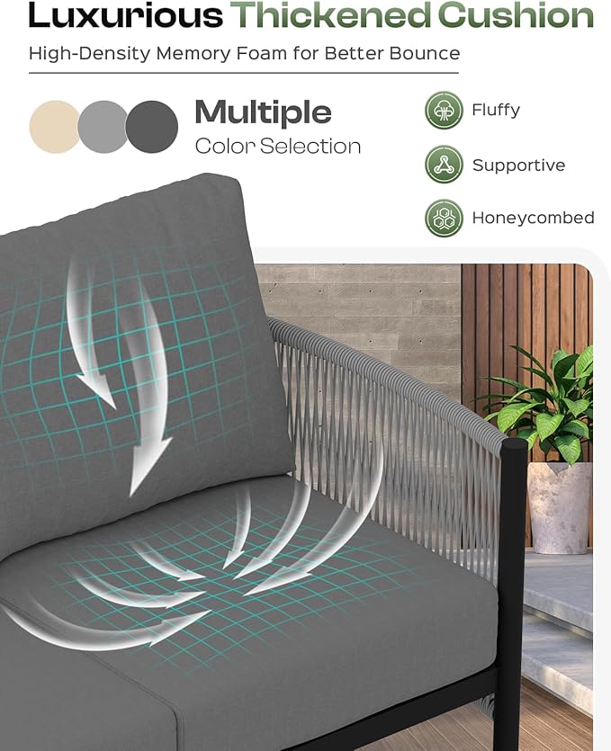Aluminum Outdoor Patio Couch Loveseat, HDPE Rope Patio Sofa with Washable Thick Cushion, All-Weather Patio Furniture for Balcony, Yard, Gray Frame, Charcoal