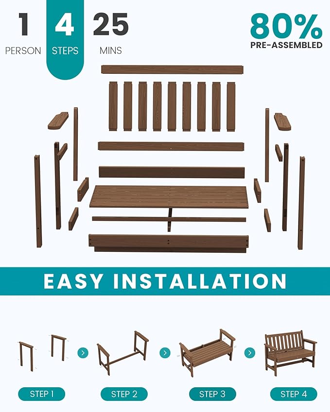 SERWALL Outdoor Bench, HDPE Outdoor Benches Weatherproof, 2-Person Garden Bench with 660 lbs Weight Capacity, Patio Benches for Outdoors, Garden, Porch, Backyard and Park, Brown