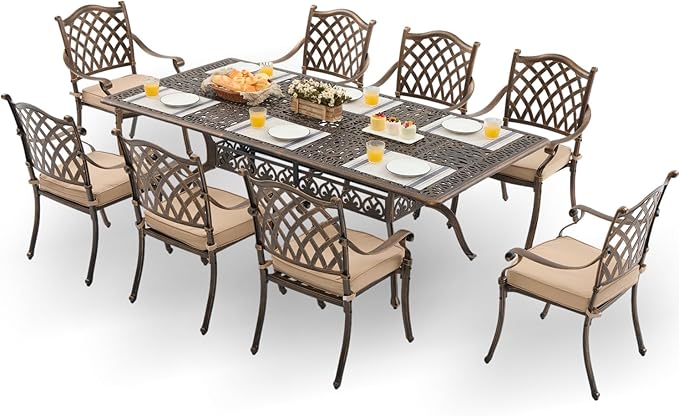 9-Piece Cast Aluminum Patio Furniture, Outdoor Dining Sets for 8 Include 87" Rectangular Patio Dining Table and 8 Stackable Chairs with Cushions & Umbrella Hole (Bronze)
