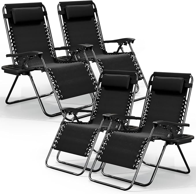 Nestl Zero Gravity Chairs Set of 4, Patio Lounge Chair Outdoor with Pillows & Cup Holder Trays, Adjustable Steel Mesh Reclining Camping Chair, Folding Patio Lawn Chair for Deck, Beach, Yard - Black