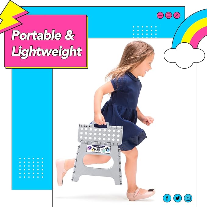 Delxo Folding Step Stool, 11 inch Non-Slip Foldable Stools for Kids & Adults Up to 300 LBS, Step Stool with Handle, Lightweight for Kitchen, Bathroom, Bedroom, Garden, Grey, 1PC