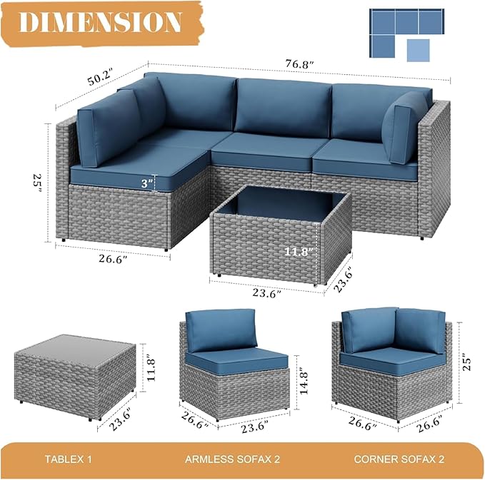 JAMFLY Patio Furniture Sets, 5-Piece Outdoor Patio Furniture with Thick Cushions, Wicker Outdoor Conversation Set Sectional Sofa for Backyard, Poolside, Garden, Aegean Blue