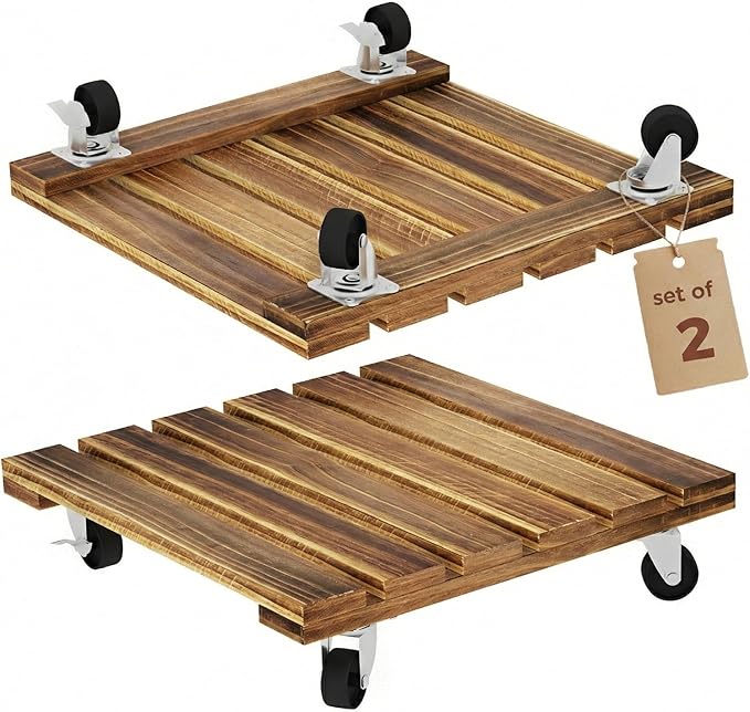 Bamworld Wood Plant Caddy with Wheels, 300lb Capacity, Heavy Duty Planter Stand with Wheels 12inch Plant Dolly 2 Pack Premium Quality, Ready to Use