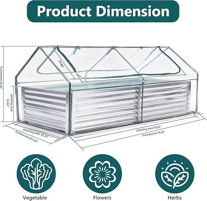 DUMOS Raised Garden Bed with Cover, 6x3x2ft Planter Box Outdoor for Deep-Rooted Herbs/Flowers/Vegetables, Large Metal Garden Bed Mini Greenhouse for Patio, Balcony and Backyard, Silver