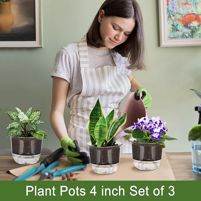 Self Watering Pots, 3 Pack 4 Inch Clear Plant Pot Self Watering Planter Flowers Pot with Deep Reservoir for Indoor Plants (3 Small)