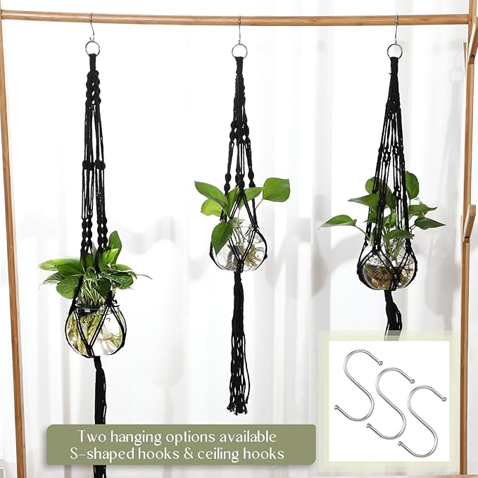 6 Pcs Plastic Plant Propagation with Boho Macrame Hanger Wall Plant Propagation Station Hanging Holder Include Hooks Kit for Indoor Home Garden Office Decor 3 Size (Black)