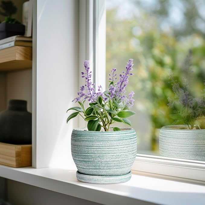 SQOWL Ceramic Plant Pots - 6 Inch Planter with Drainage Hole and Tray, Round Flower Pot for Indoor Plants, Decorative Succulent Planter Outdoor, Home House Decor, Gifts for Women Men, Green