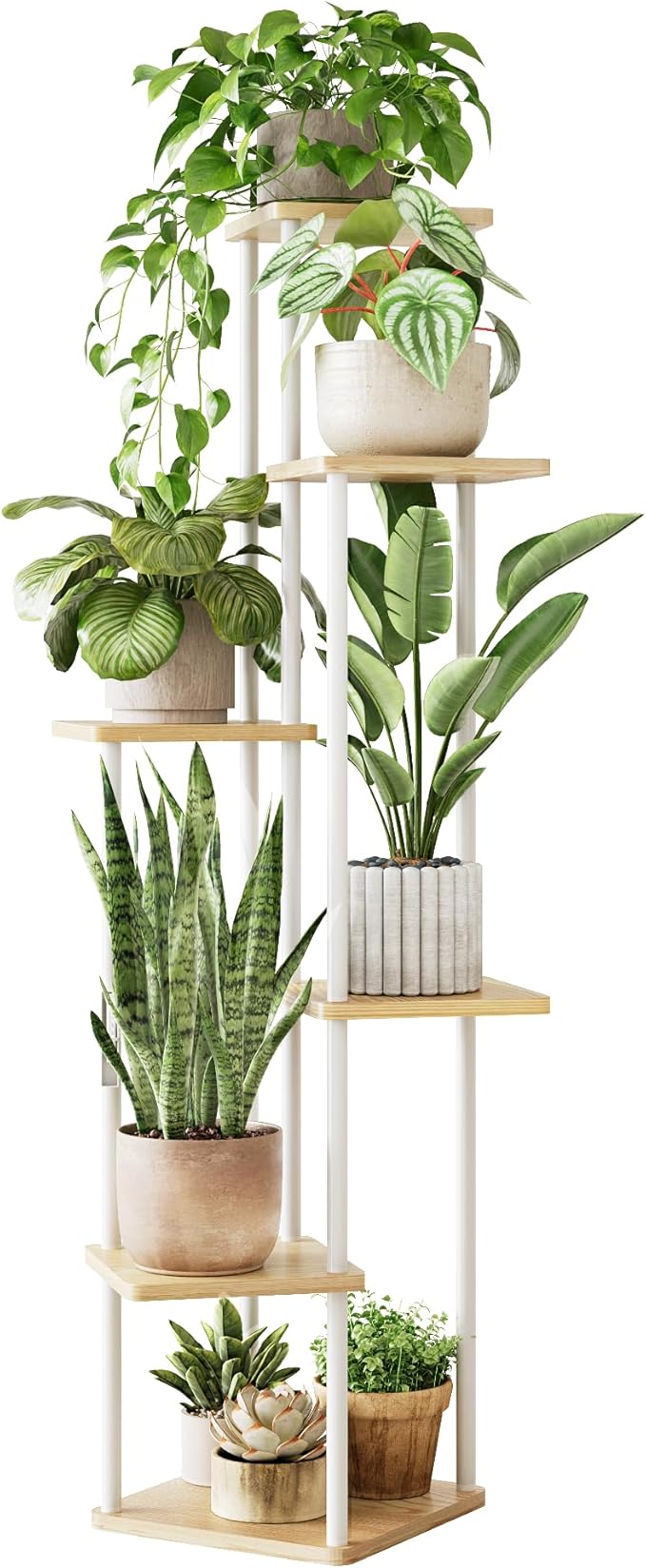 Tall Plant Stand Indoor 6 Tiered Plant Shelf for Multiple Plants Coner Shelf Stand Wood Plant Stand Metal Shelving for Living Room Bedroom Balcony Patio White
