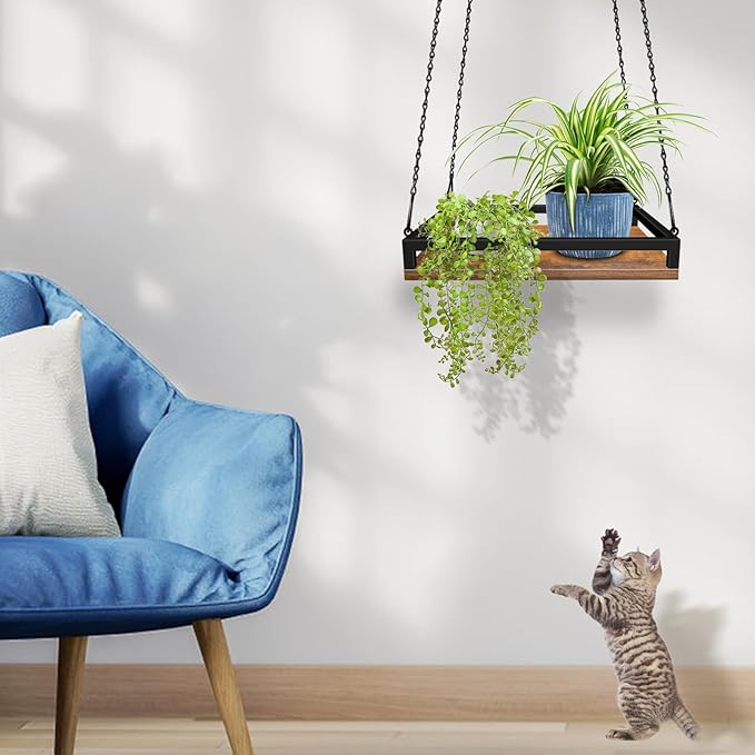 Plant Hanger Indoor, 16" Wooden Hanging Plant Holder with Metal Frame Large Hanging Planter for Indoor Plants Load 50LB Hanging Plant Shelf with 27.6" Long Chain, Ideal for Heavier Pots Window Ceiling