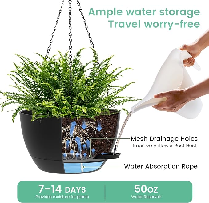 13 Inch 2 Pack Large Self Watering Hanging Planters for Indoor Outdoor Plants, Hanging Plant Pots with Removable 50 Oz Reservoir, Plastic Hanging Basket for Window Porch Garden Balcony, Black