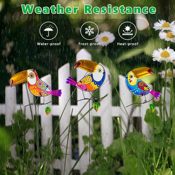 Decorative Garden Stakes,Set of 3 Toucan Stained Glass Metal Yard Art Outdoor,Waterproof Spring Garden Stakes Decorative for Lawn Patio Pathway