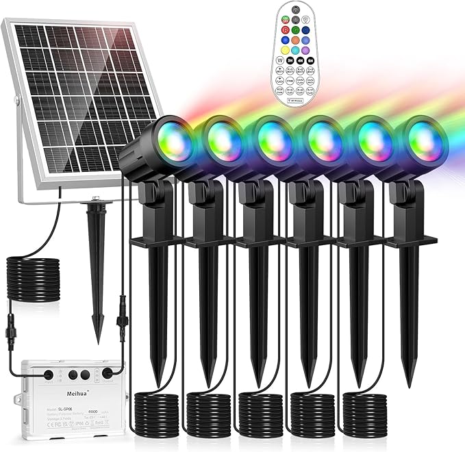 MEIHUA Solar Spot Lights Outdoor Color Changing, 6 in 1 Solar Landscape Lighting RGB Spotlights with Remote Control, IP66 Waterproof Solar Lights Outdoor Garden for Pathway Yard Pool Tree
