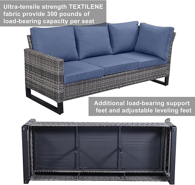 Patio Sectional Furniture Set with Fire Pit Table: 10 Pieces Wicker Patio Conversation Set with L Shaped Sofa, Outdoor Swivel Glider Rocker, Rattan Club Chairs, Ottomans, Removable Cushions Blue