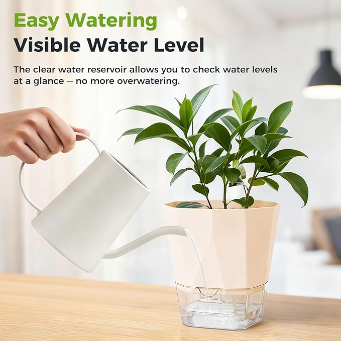 2 Pack Self Watering Pots for Indoor Plants, 8.4" Self Watering Planters Large African Violet Self Watering Clear Pots for Plants Large Herb Orchid Flower Houseplant, Ivory White