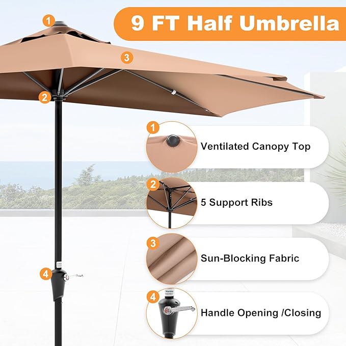 OLIXIS Half 9Ft Umbrella Outdoor Patio, Scalloped Patio Umbrella with Easy Crank, Sun Half Patio Umbrella for Balcony, Market, Garden, Khaki