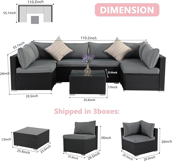 7 Pieces Patio Furniture Set - All-Weather Outdoor Wicker Sectional Conversation Sofa, Rattan Patio Seating Sofa Set with Cushion and Glass Table for Porch Poolside, Black/Grey