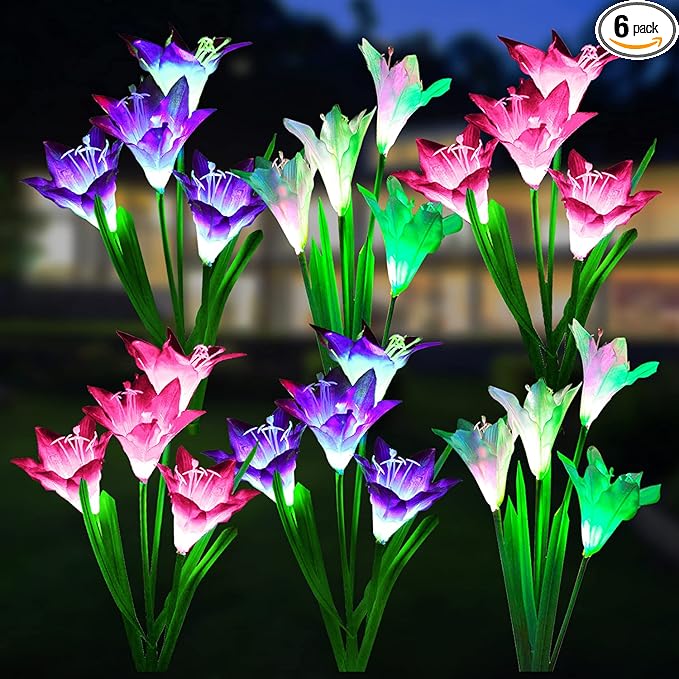 WdtPro Solar Lights Outdoor Garden Decorative 6 Pack, Waterproof Solar Garden Lights with 24 Lily Flowers, Color Changing LED Solar Powered Landscape Lights for Outside Yard Patio Decor,Gifts