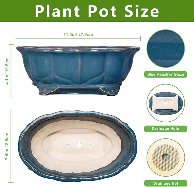Bonsai Tree Pot - 11 Inch Ceramic Succulent Pots, Bonsai Planter for Indoor Outdoor, Decorative Plant Pot with Drainage Hole, Oval Flower Pot, Home Garden Decor, Garden Gifts, Retro Blue