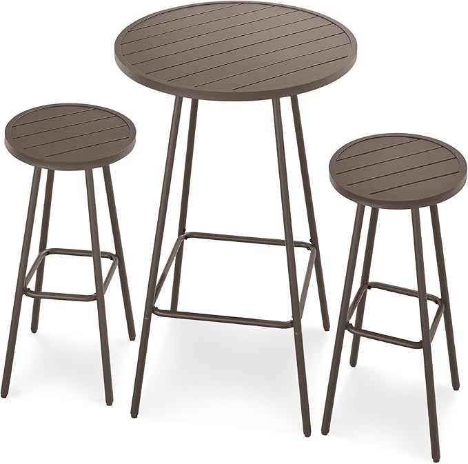 Best Choice Products 3-Piece Patio Dining Set, Bar Height, Outdoor Bistro Set, Outdoor Round Bar Table w/ 2 Bar Stools, Steel - Taupe