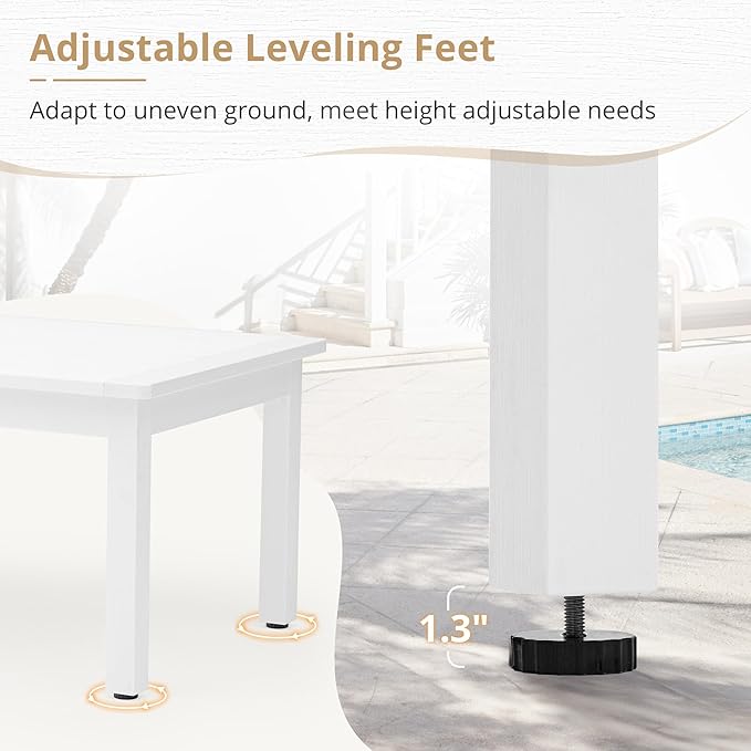 LUE BONA Outdoor Coffee Table, HDPS White Patio Coffee Tables for Outside Rectangle, Adjustable Levelling Feet/Weather Resistant, Patio Table for Deck, Pool, Balcony, Indoor or Outdoor Use