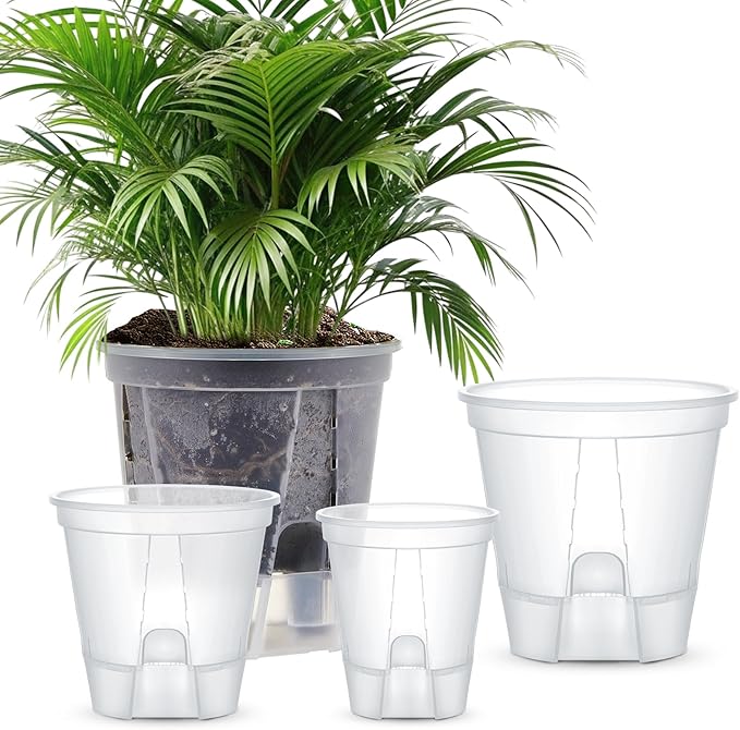 Self Watering Pots for Indoor Plants with Deep Reservoir and High Drainage Holes for Outdoor Plants and Flowers, Bare Root Planter(4.72''/5.91''/7.09''/8.27'',Clear,4 Pcs)