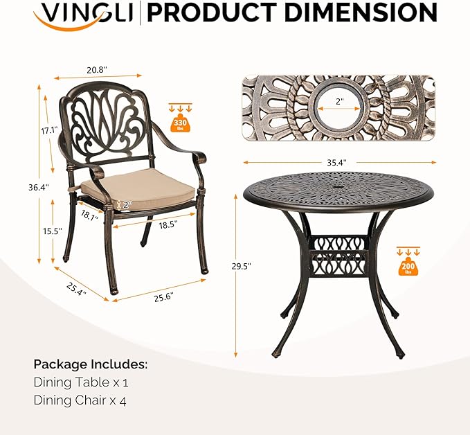 VINGLI 5-Piece Outdoor Patio Dining Set, Cast Aluminum All-Weather Outdoor Table and Chairs w/Cushion, Outdoor Furniture Set w/Umbrella Hole for Backyard Deck Poolside (Round, Elizabeth Back)