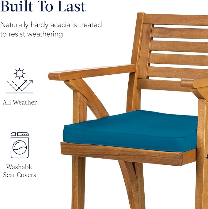 Best Choice Products Set of 2 Outdoor Acacia Wood Bar Stools Bar Chairs for Patio, Pool, Garden w/Weather-Resistant Cushions - Peacock Blue