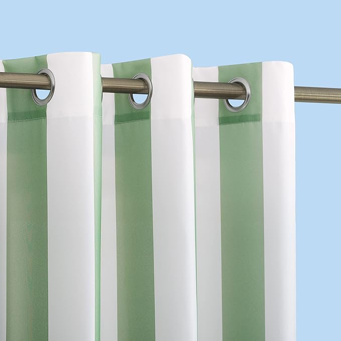 Sun Zero Valencia 2-Pack Cabana Stripe Indoor/Outdoor UV Protectant Energy Efficient Grommet Curtain Panel Pair, Spa Green, 54" x 108