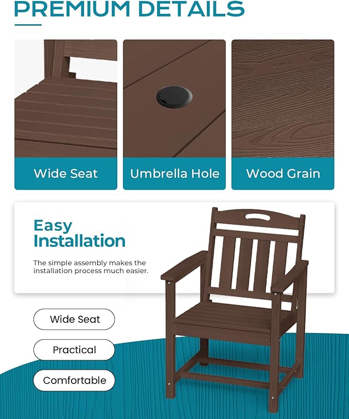 Ciokea HDPE Outdoor Dining Table with Umbrella Hole,66" Rectangle Patio Table for 6,All-Weather Outdoor Patio Furniture Set for Garden Backyard,Brown
