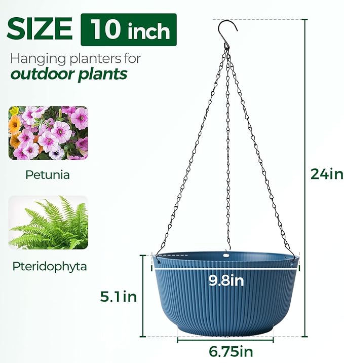 T4U 10 Inch Hanging Planters for Indoor Outdoor Plants, Hanging Baskets for Plants Pack of 2, Self Watering Hanging Pots with Drainage Hole for Garden Home Decor, Blue